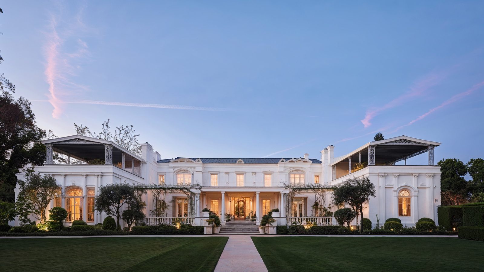 Grand Front View Of Casa Encantada Mansion In Bel Air