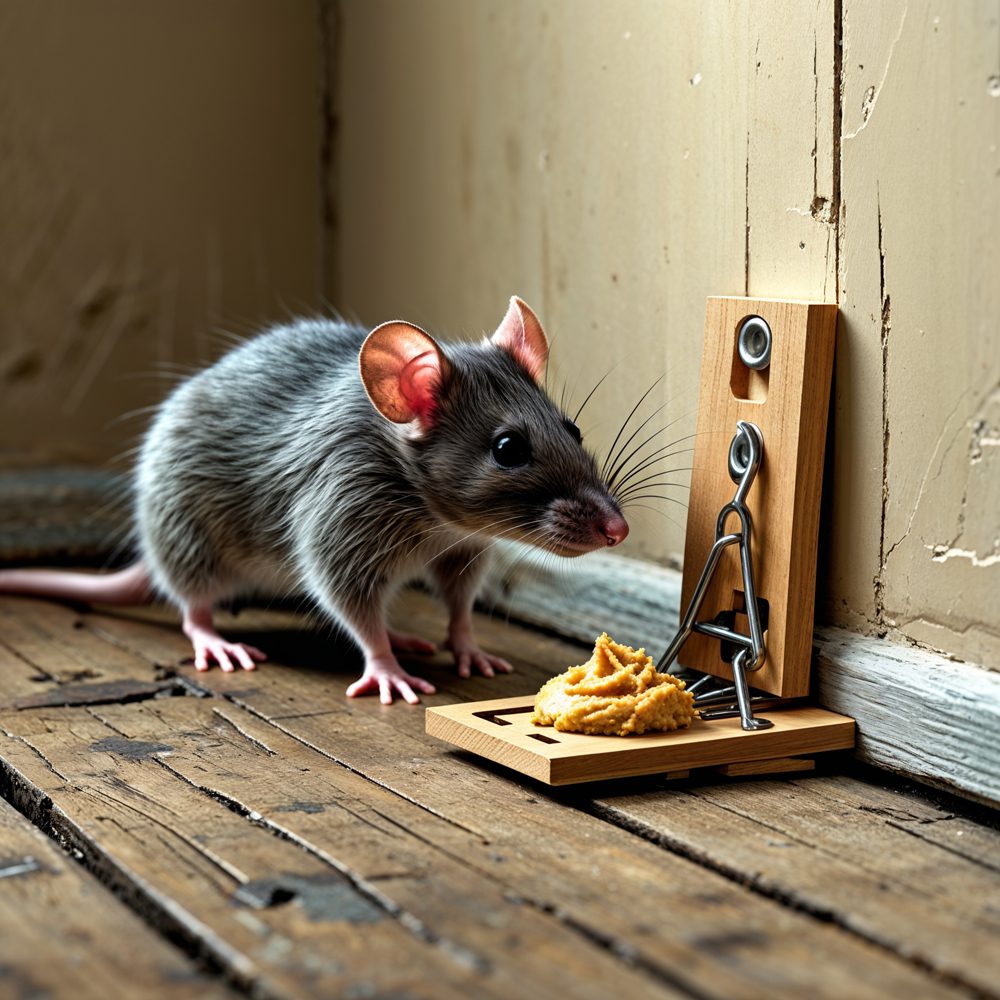 mouse inspecting a trap along a wall