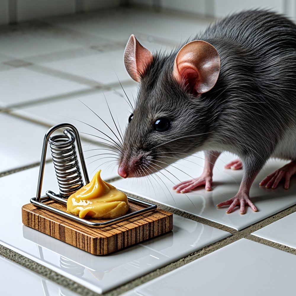 mouse sniffing a trap with caution