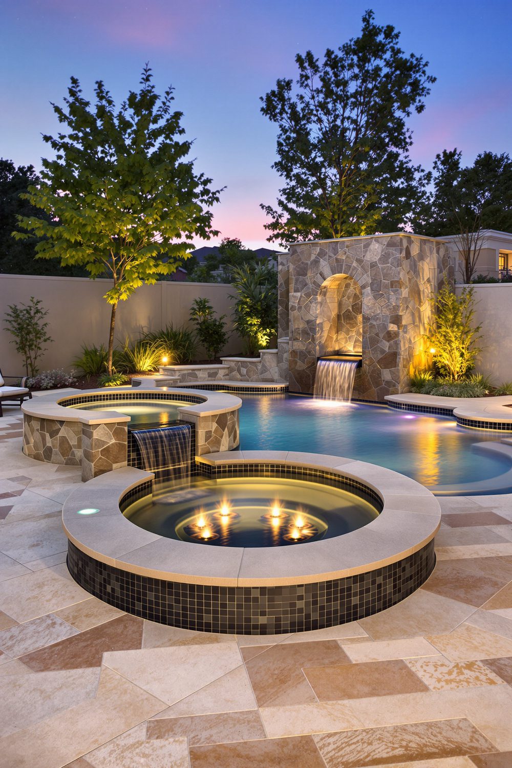Multi Functional Small Pool Fountain Hot Tub Combo Design
