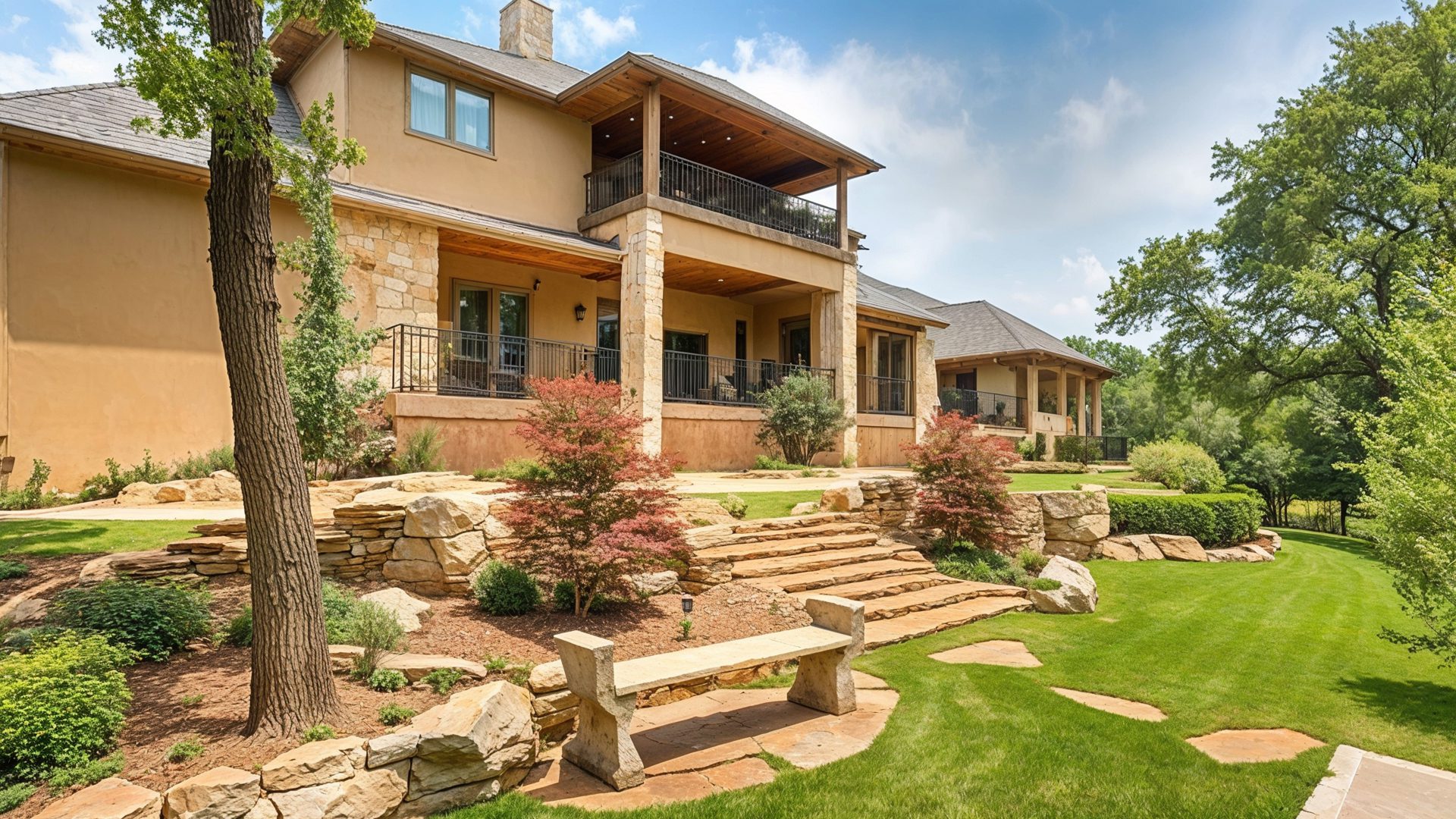 Multi Level Stone Patios And Lush Landscaping