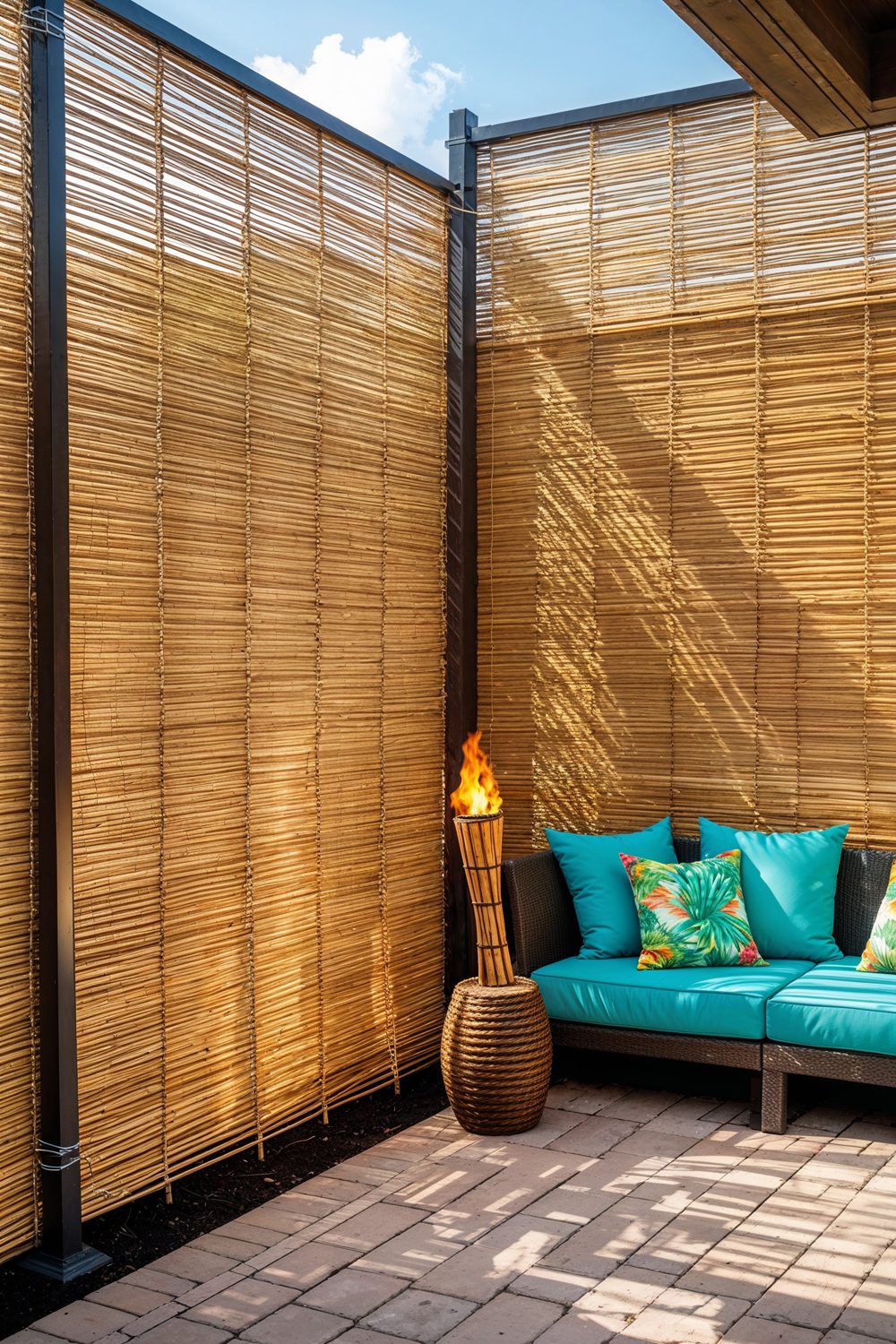 Natural Reed Screening Attached To Chain Link Fence