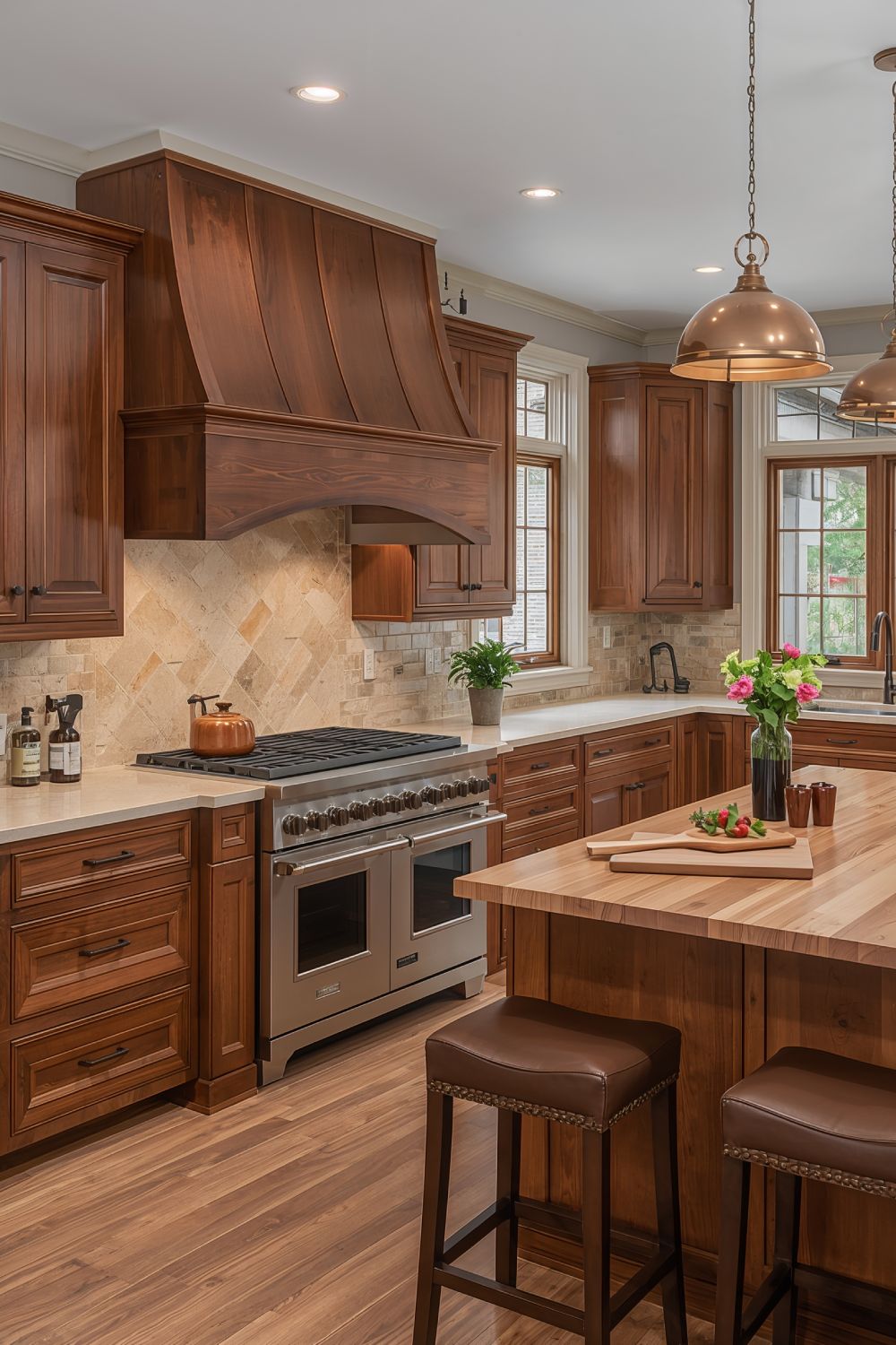 Natural Walnut Wood Kitchen Cabinets With Bronze Hardware Against Agreeable Gray Walls