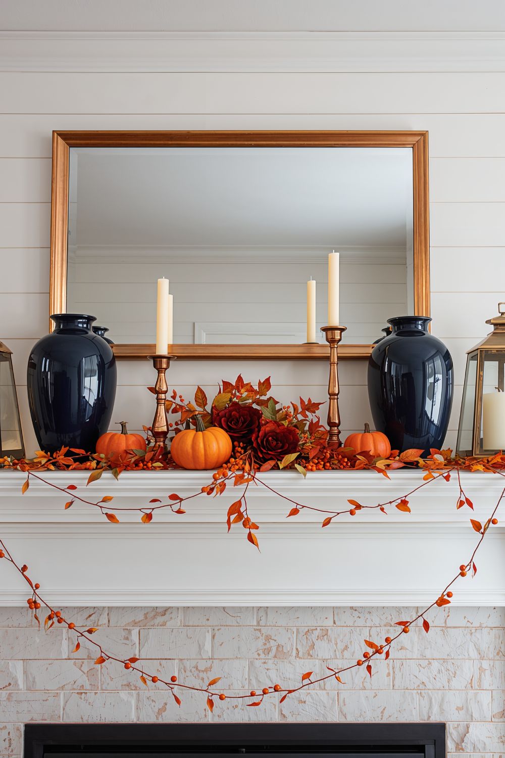 Navy And Copper Fall Mantel Decor