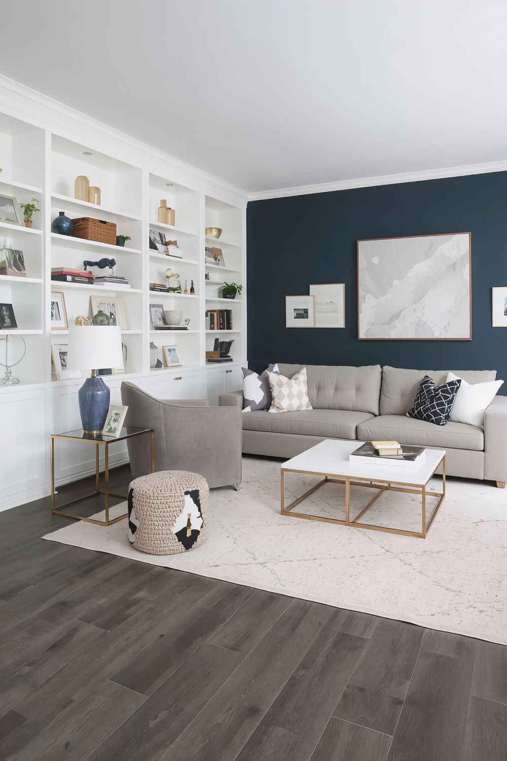 Navy Blue Accent Wall With Grey Floors Living Room