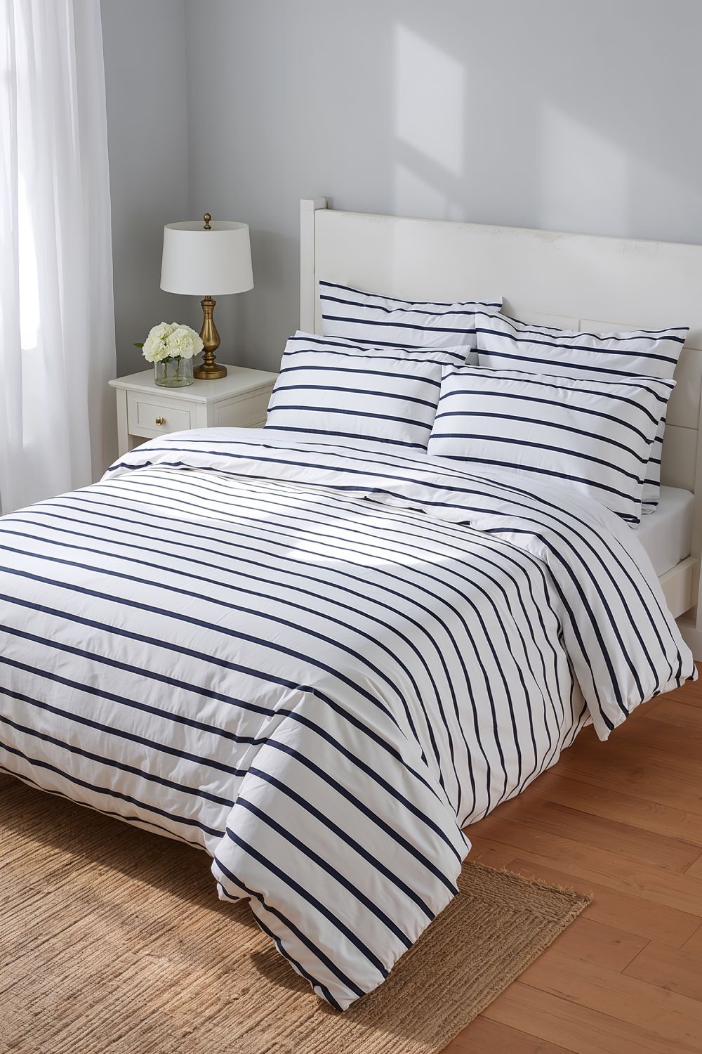 Navy Blue And White Striped Bedding For Coastal Bedroom Style