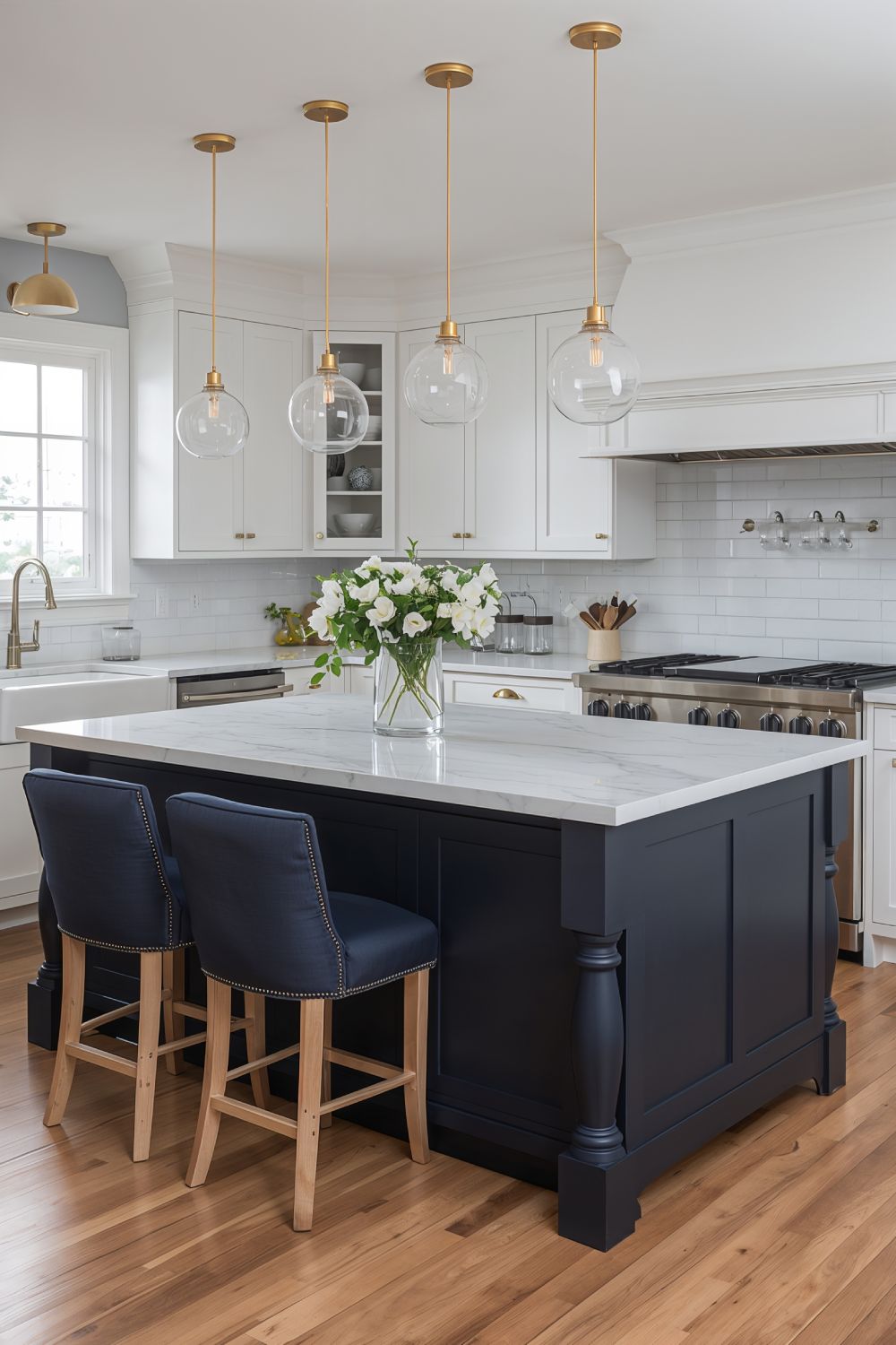 Navy Blue Kitchen Island With White Perimeter Cabinets Against Agreeable Gray Walls