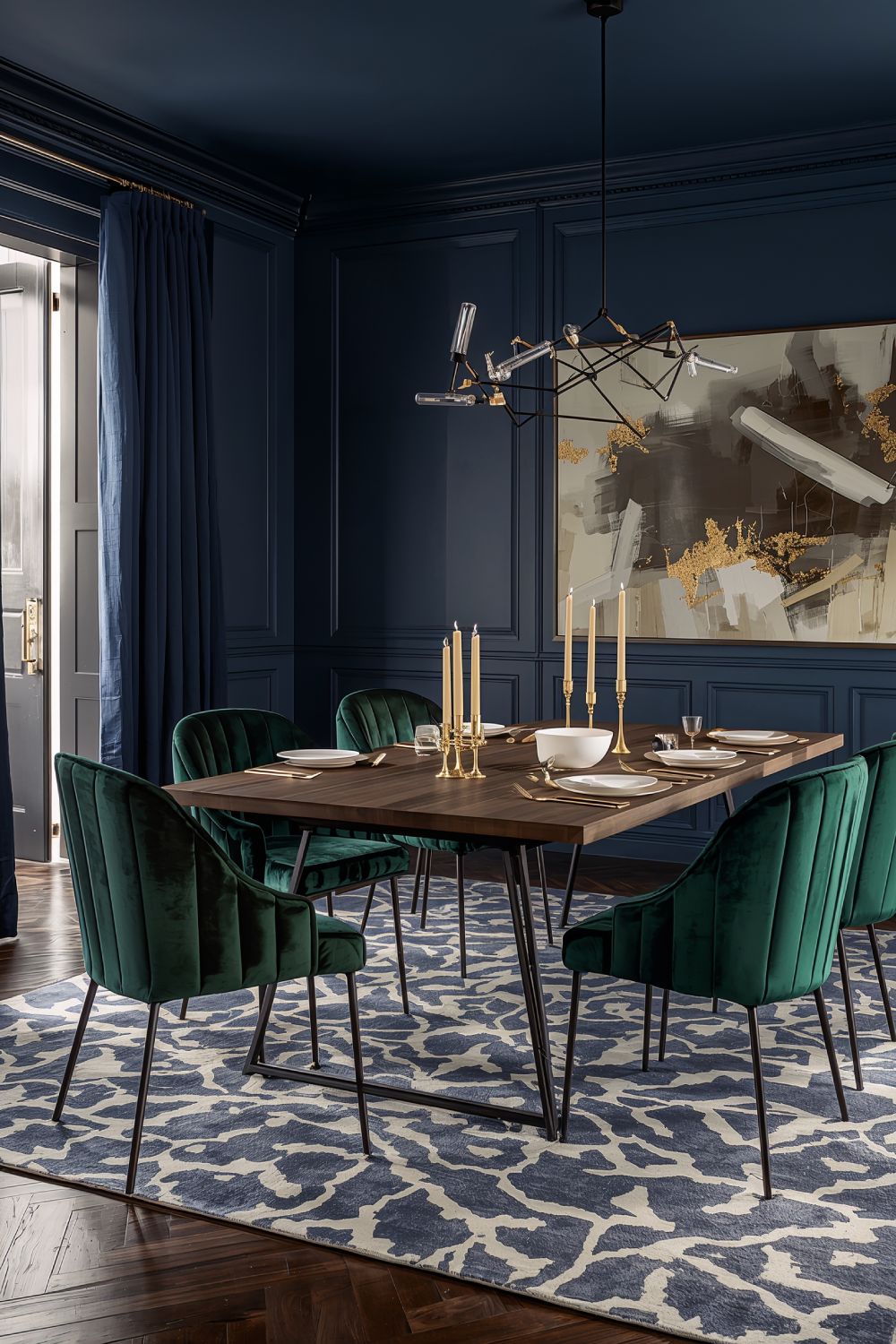 Navy Blue Moody Dining Room With Emerald Green Velvet Chairs