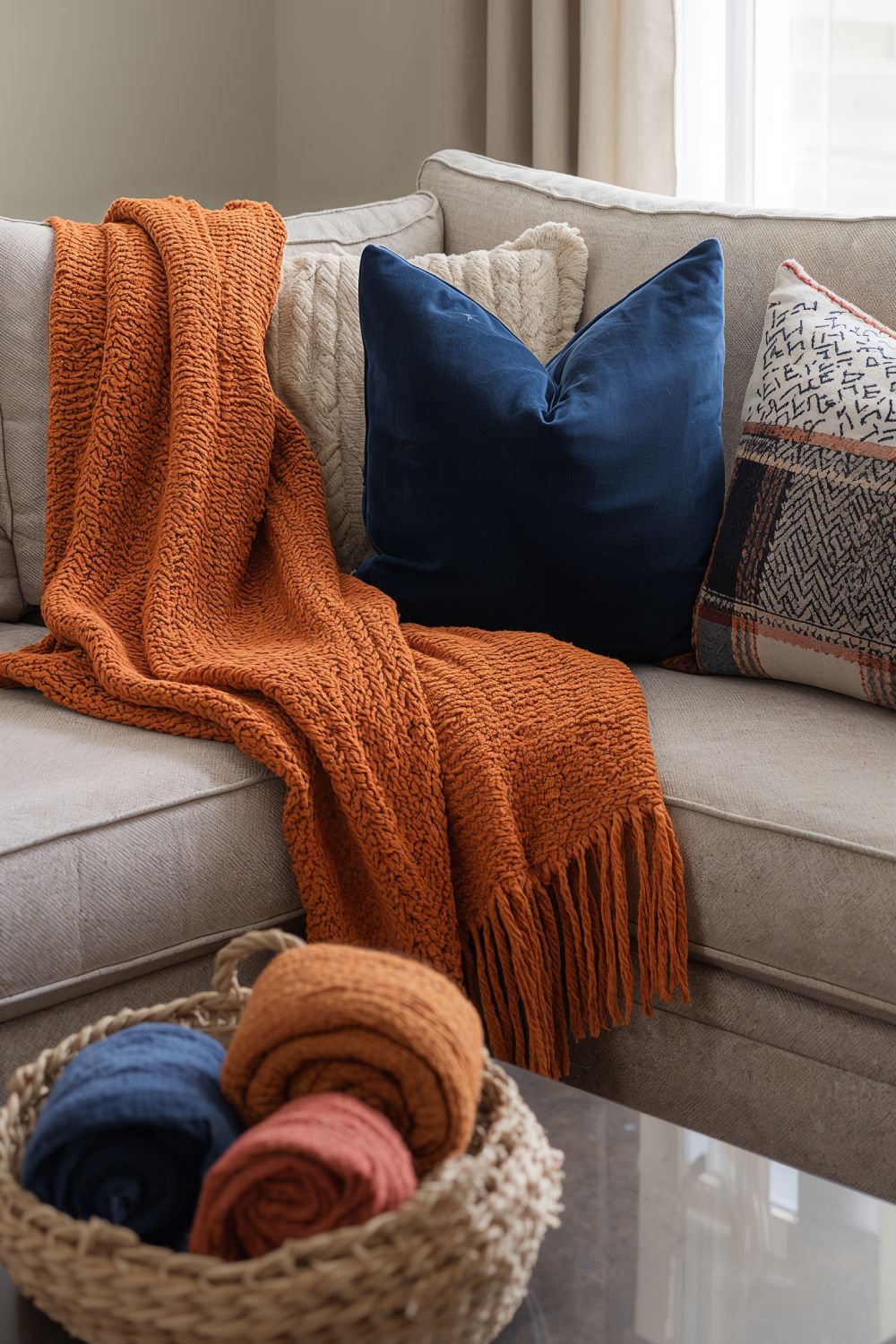 Navy Velvet And Orange Tweed Fall Pillows