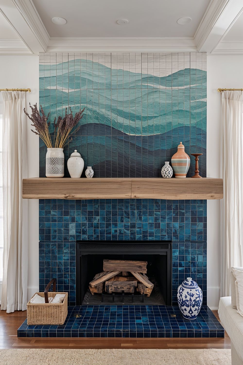 Ocean Wave Ceramic Tile Coastal Fireplace Mediterranean Style