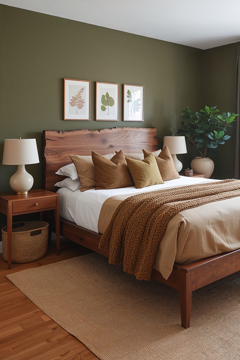 Olive Green Bedroom With Natural Wood Furniture And Earthy Decor