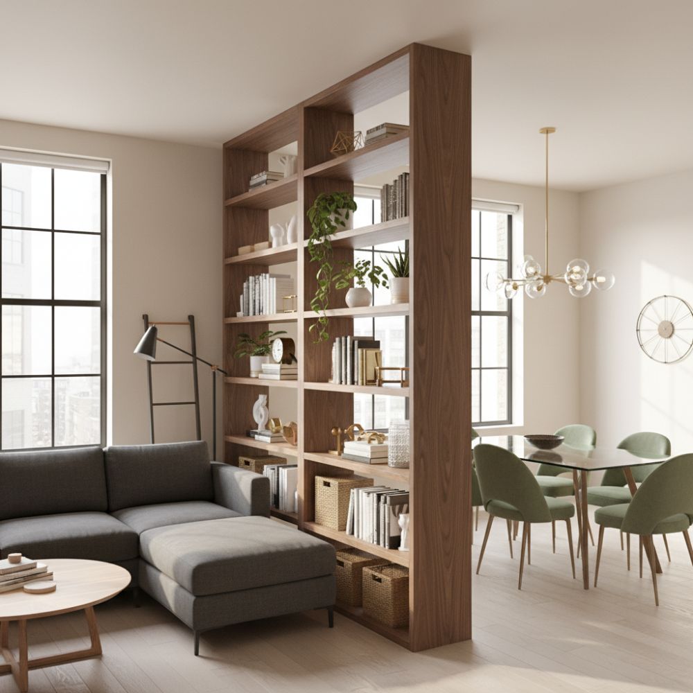 Open Bookshelf Room Divider Separates Living And Dining Space