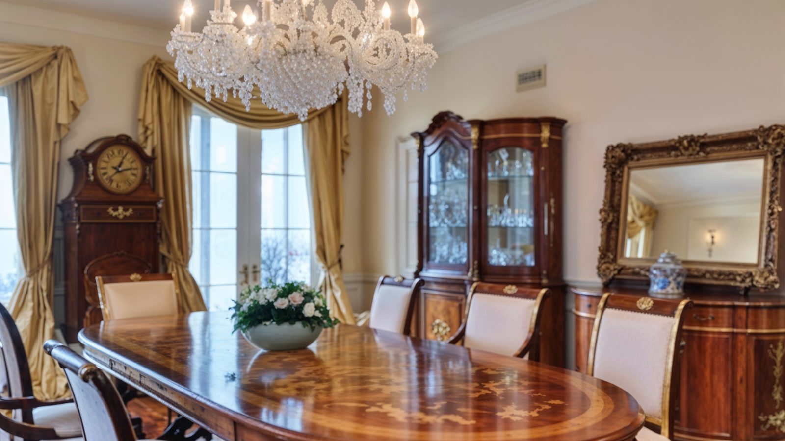 Opulent Dining Room With Crystal Chandelier And Antique Accents