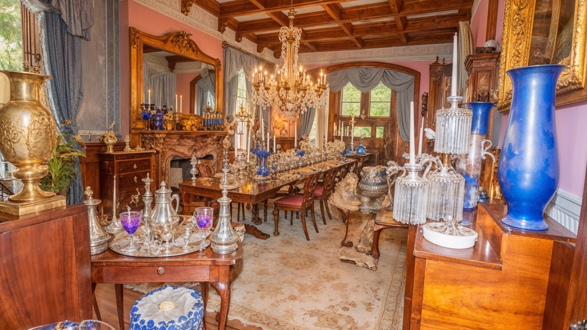 Ornate Pink Dining Room With Gilded Decor In Charleston Mansion