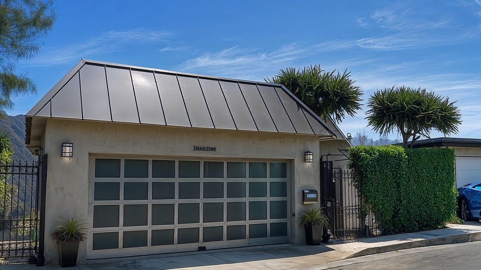 modern garage entrance of pamela bach%e2%80%99s hollywood hills