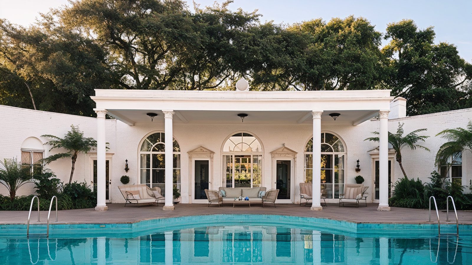 Pool Pavilion With Roman Columns And Aqua Tile Reflections