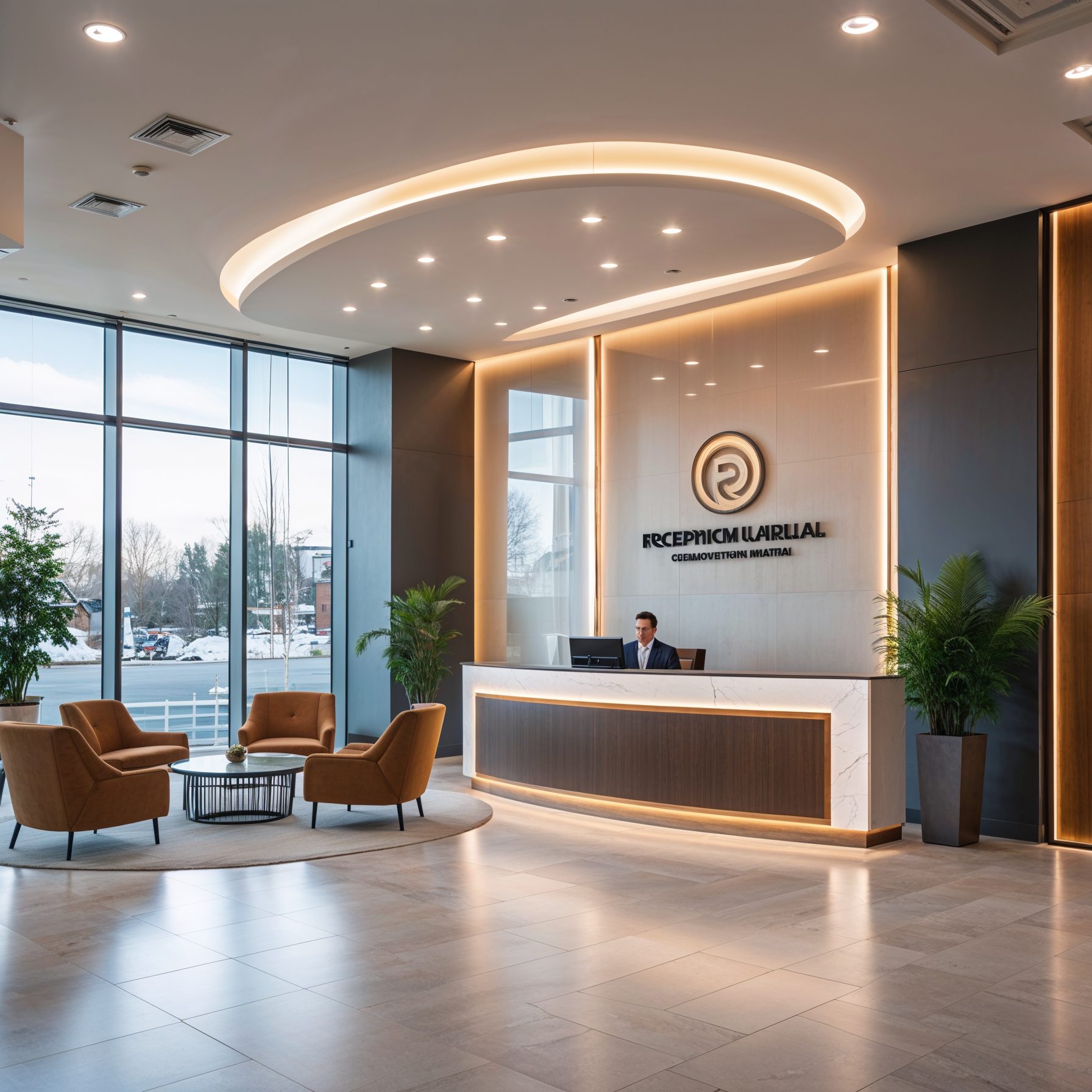 Corporate reception area with professional design and client seating