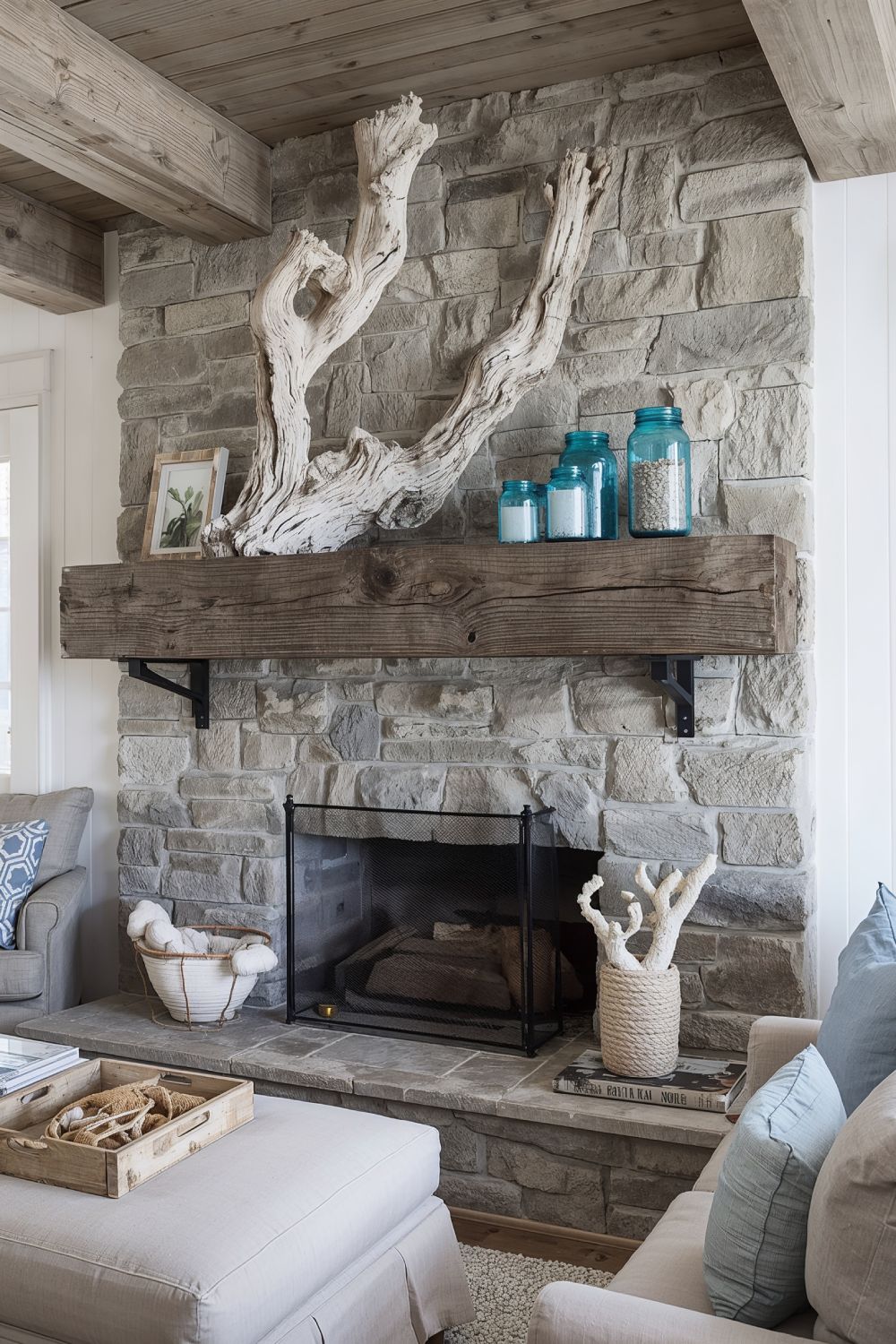 Reclaimed Wood Beam Coastal Fireplace Rustic Mantel