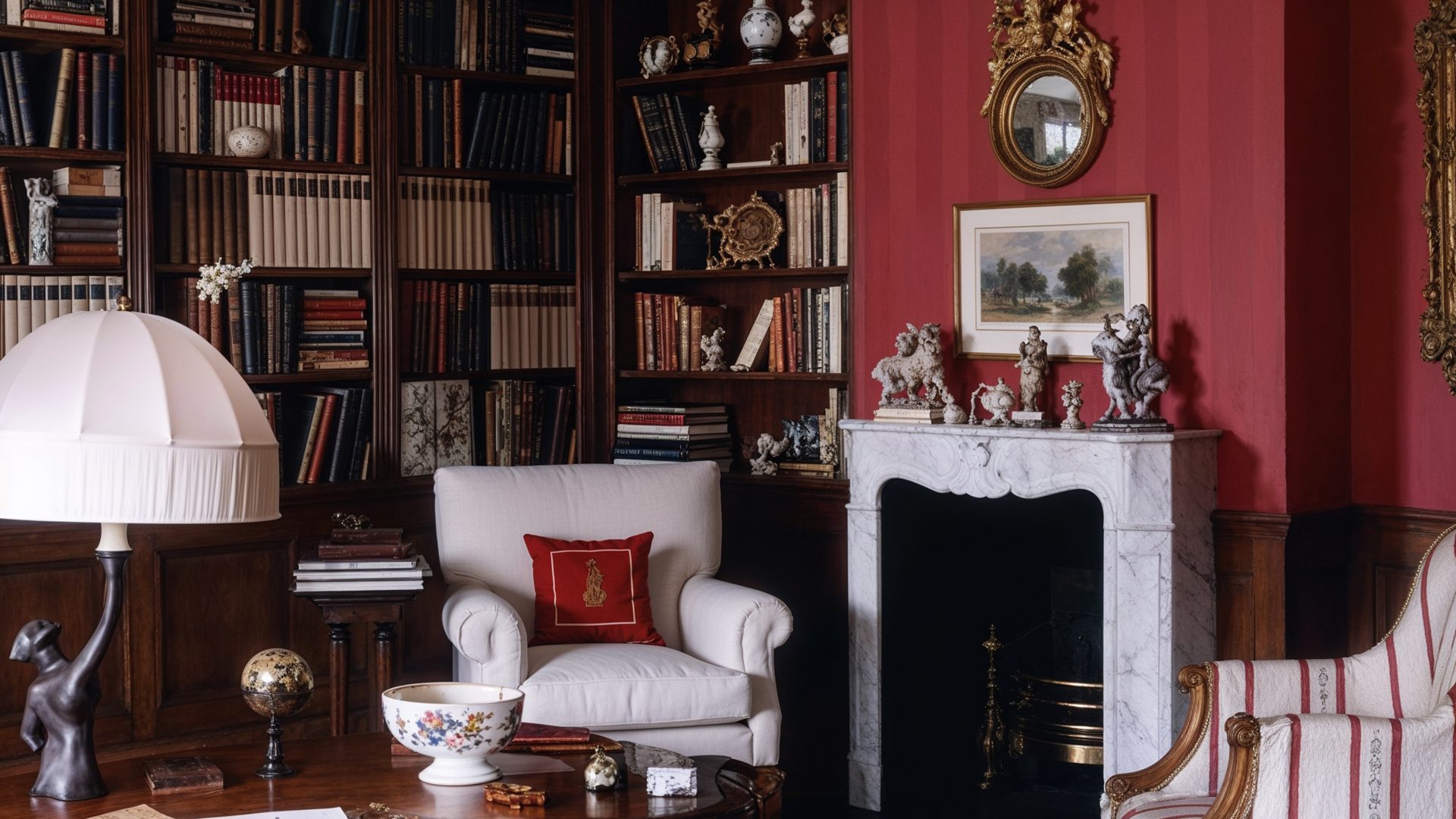 Red Study Room With Mahogany Bookshelves And Fireplace