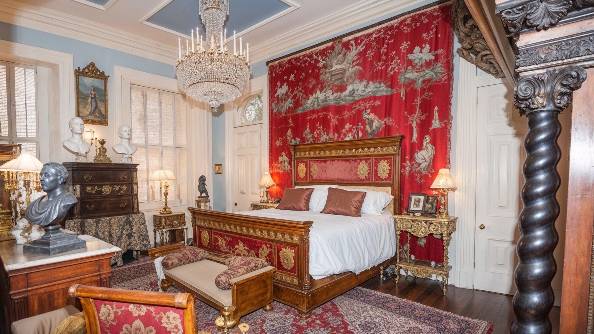 Red Tapestry Bedroom With Empire Furniture In Historic Charlesto