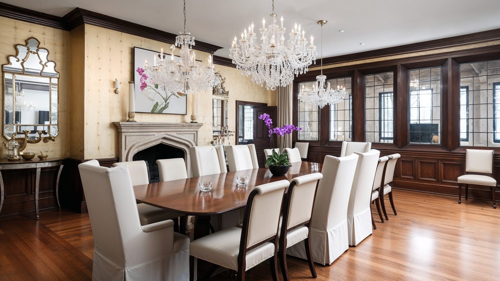 regal dining room with crystal chandeliers and gold accents