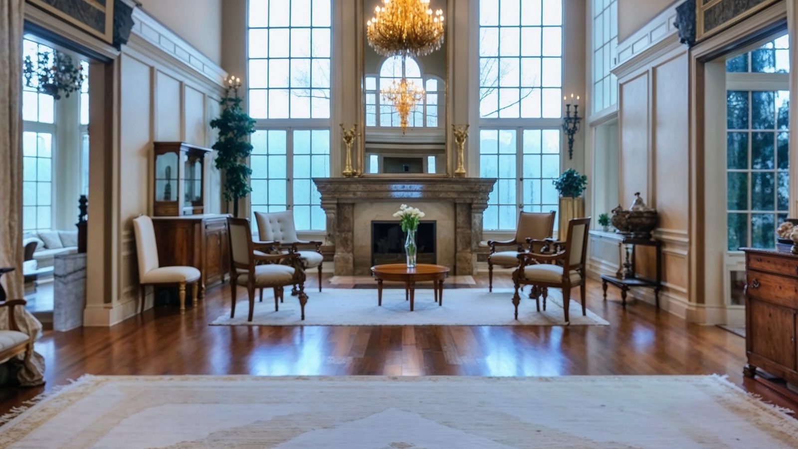 Regal Living Room With Towering Windows And Grand Fireplace