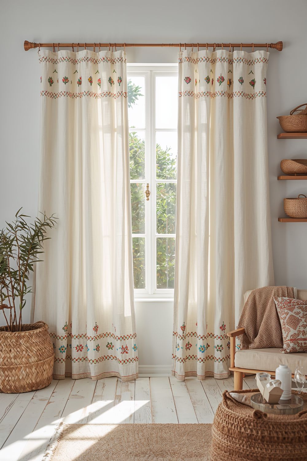 Rod Pocket Boho Curtains With Hand Embroidered Details