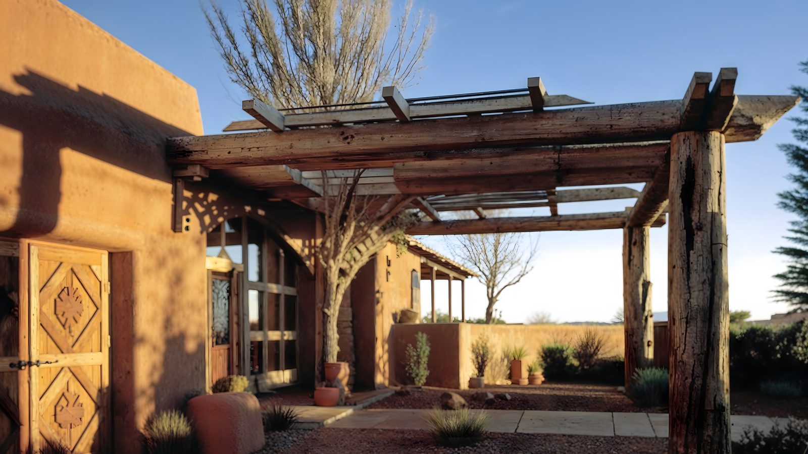 rustic front entrance with pergola and carved doors