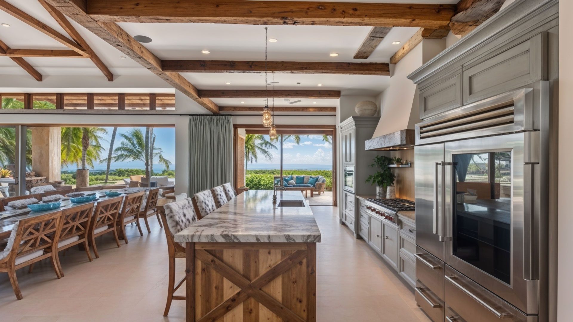 Rustic Marble Kitchen Island With Vaulted Ceilings And Ocean View
