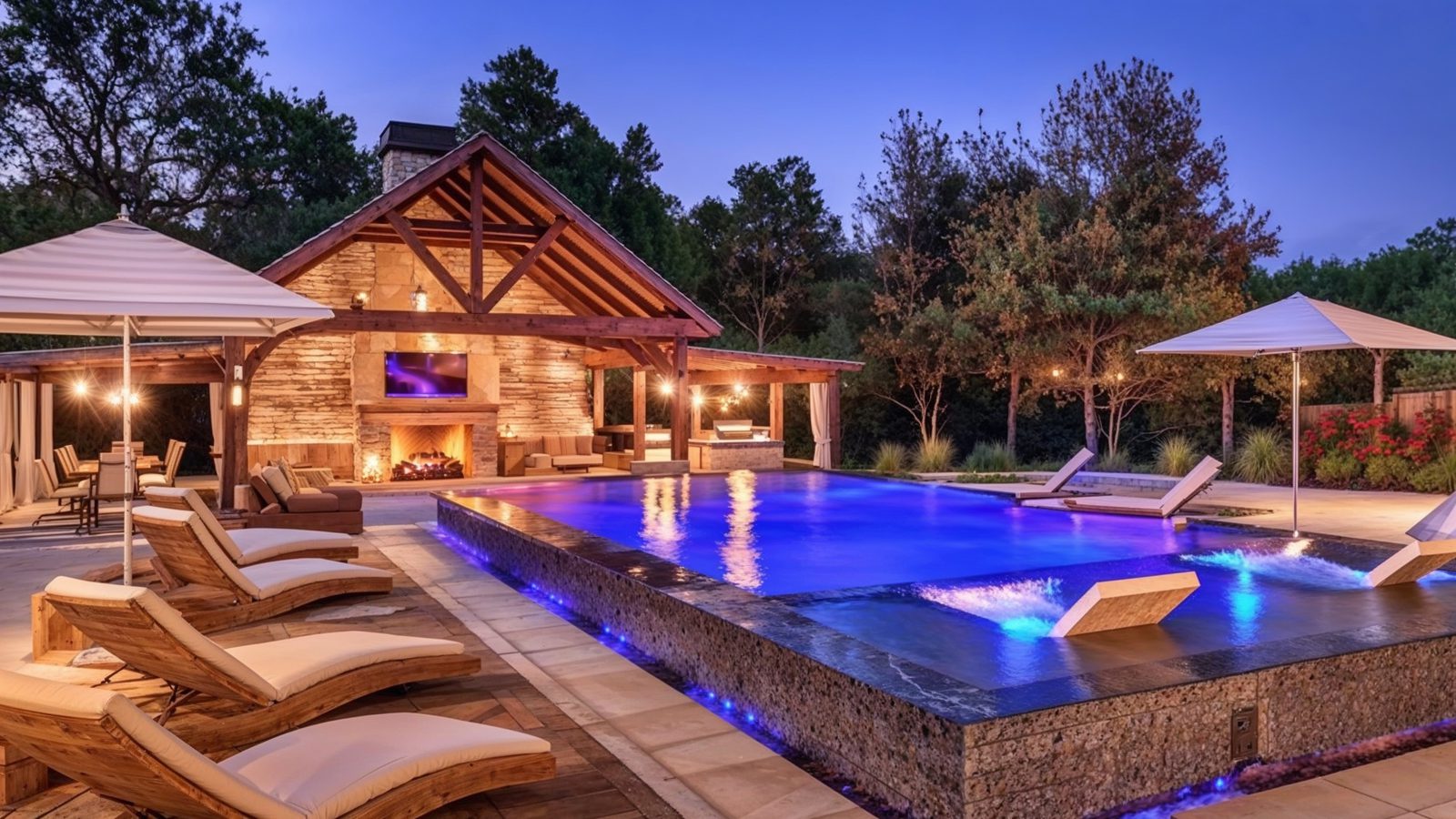 rustic outdoor lounge with stone fireplace