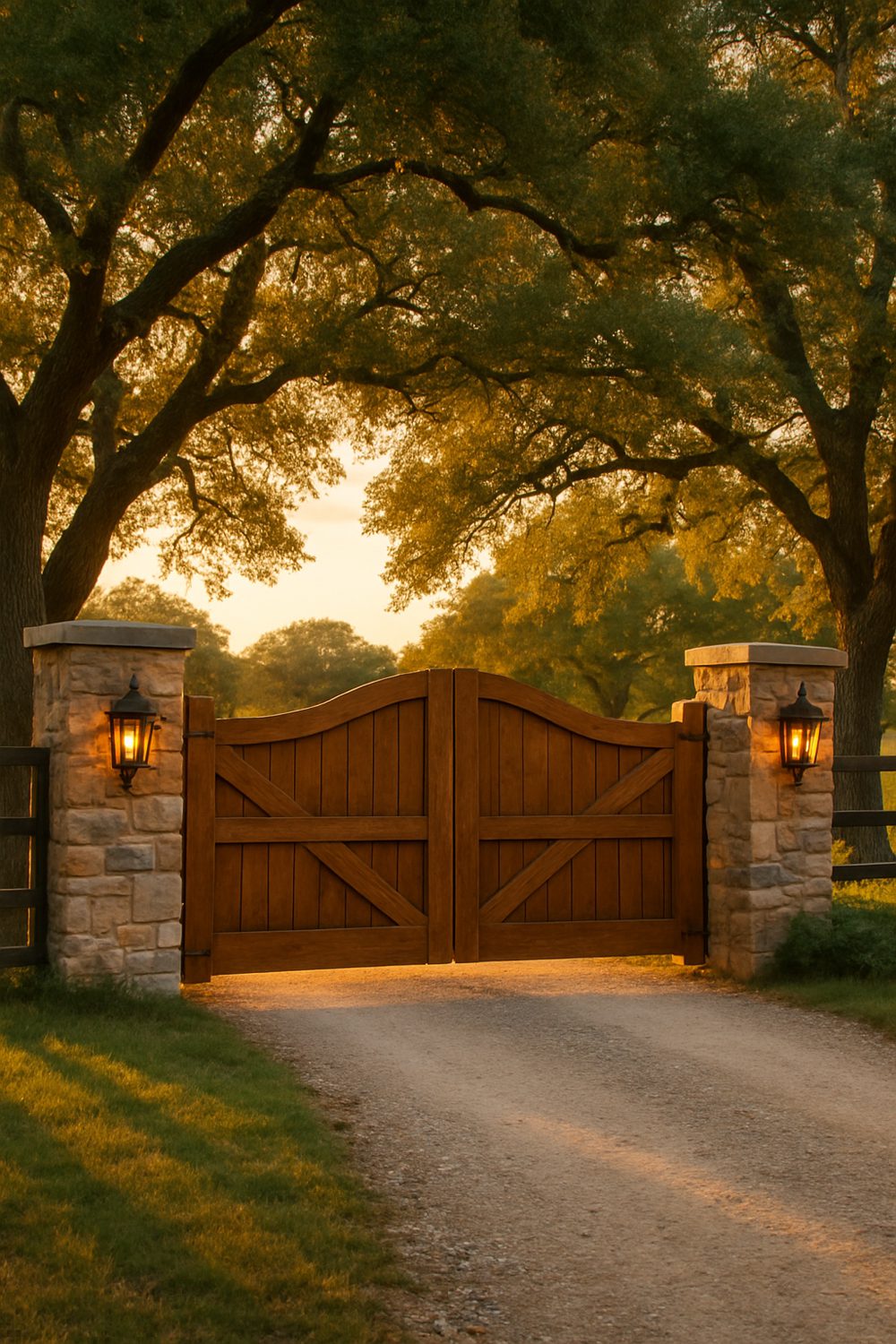 Rustic Wood Gates And Stone Pillars Farmhouse Entrance