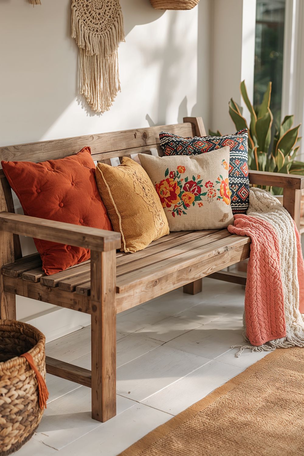Rustic Wooden Bench Styled With Vibrant Boho Throw Pillows