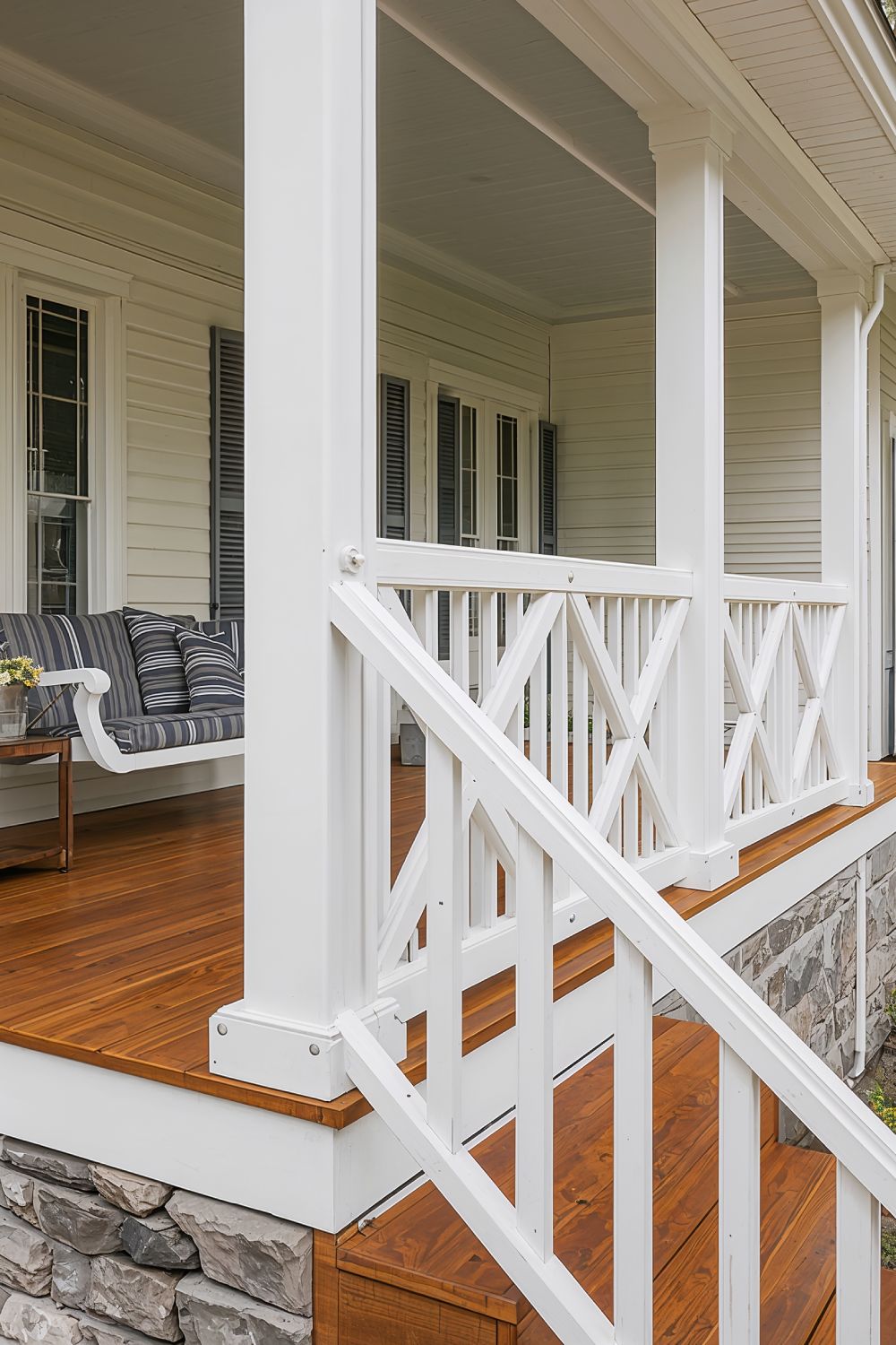 Rustic X Pattern Farmhouse Porch Railing Design