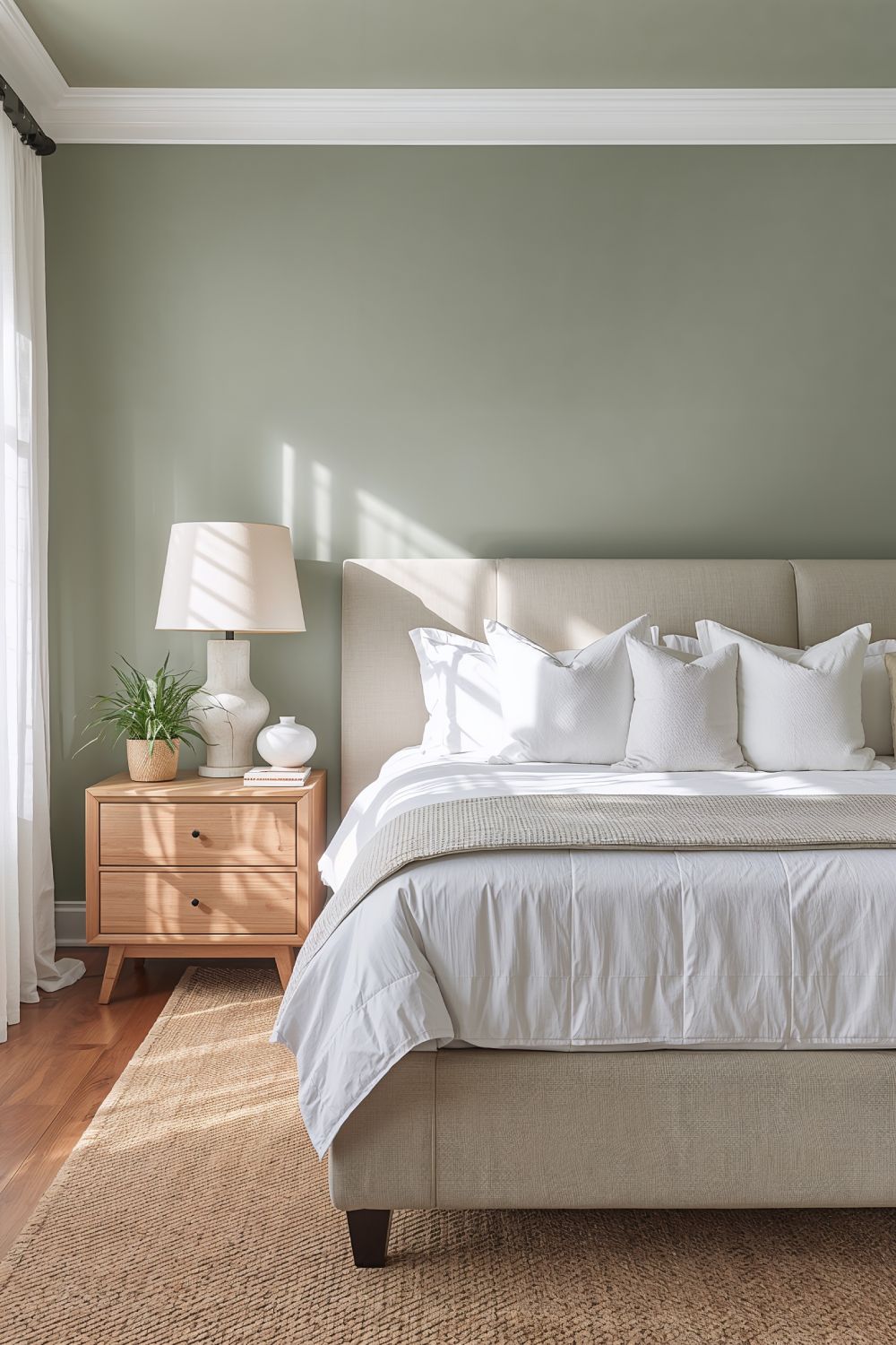 Sage Green Bedroom With White Bedding And Natural Textures