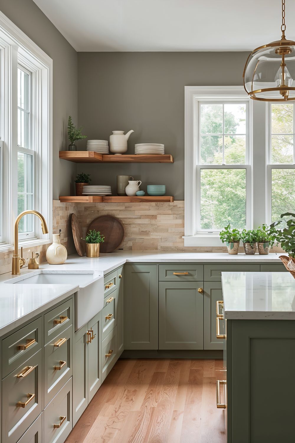 Sage Green Kitchen Cabinets With Gold Brass Hardware Against Agreeable Gray Walls