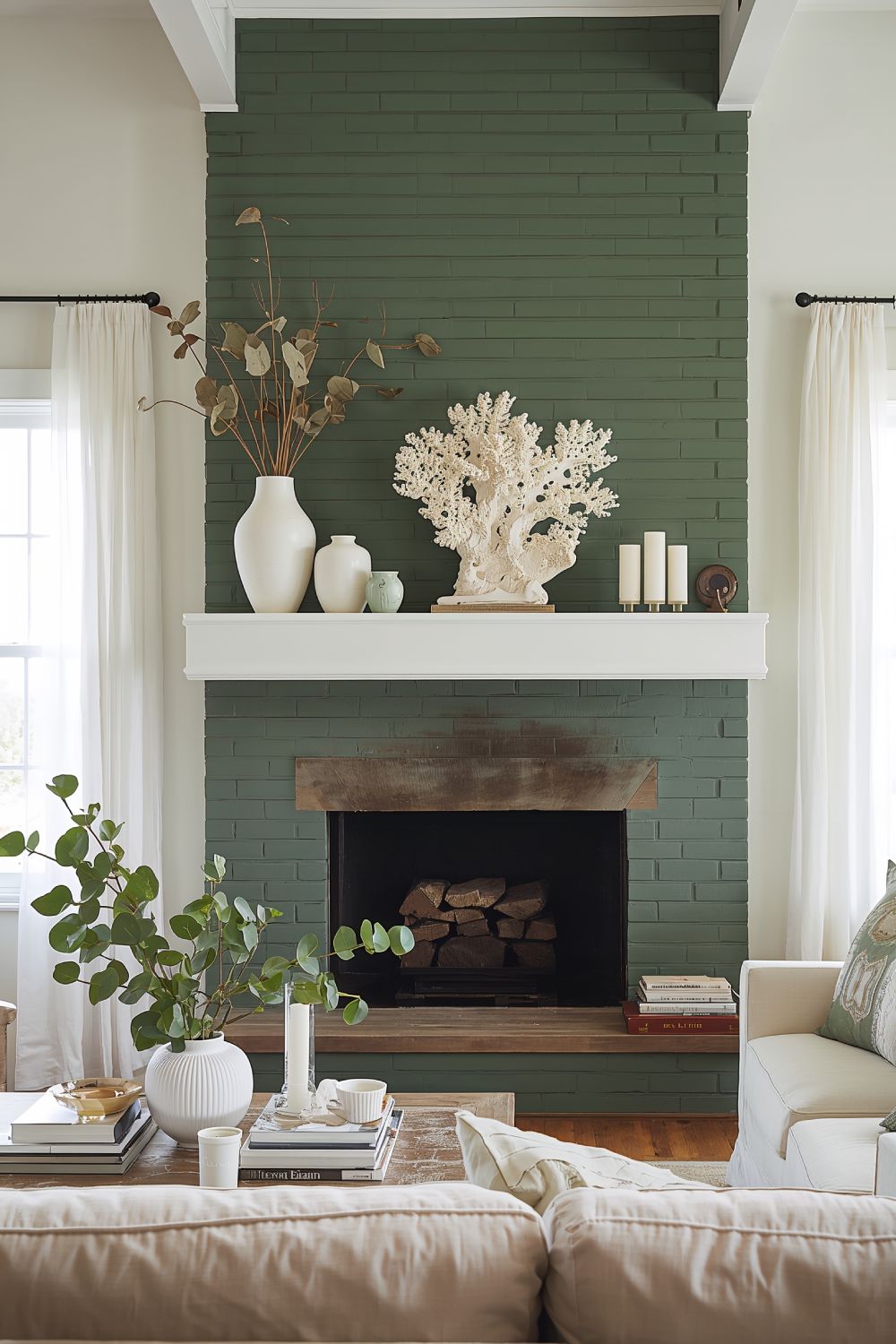 Sage Green Painted Coastal Fireplace Color Statement