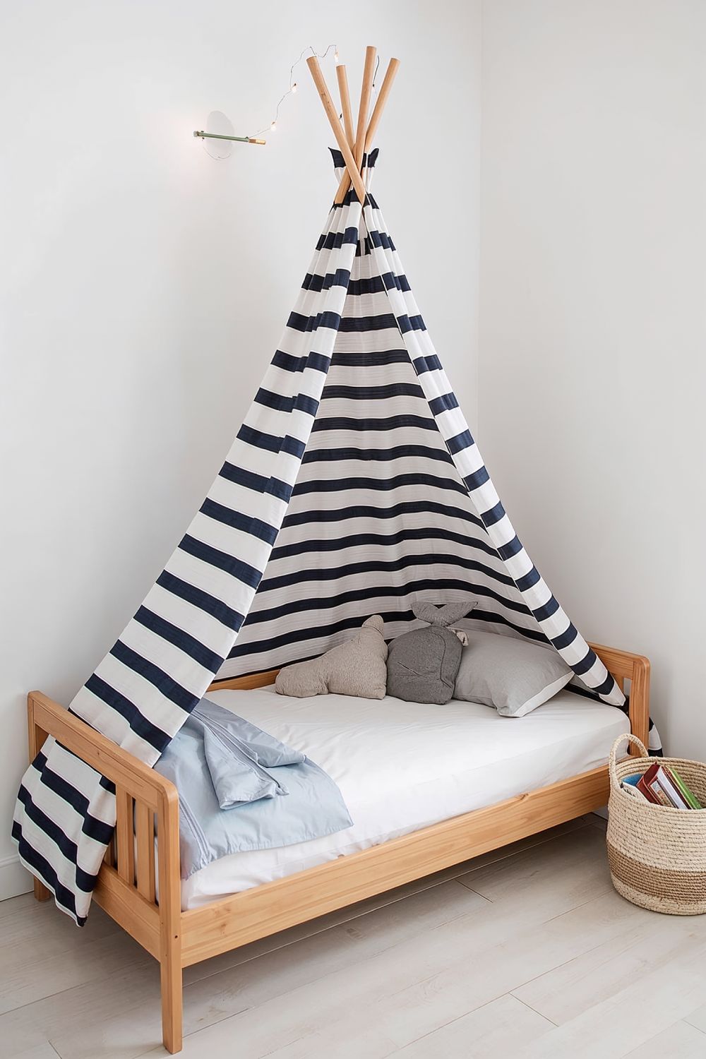 Sailor Stripe Canopy Over Montessori Floor Bed Coastal Design