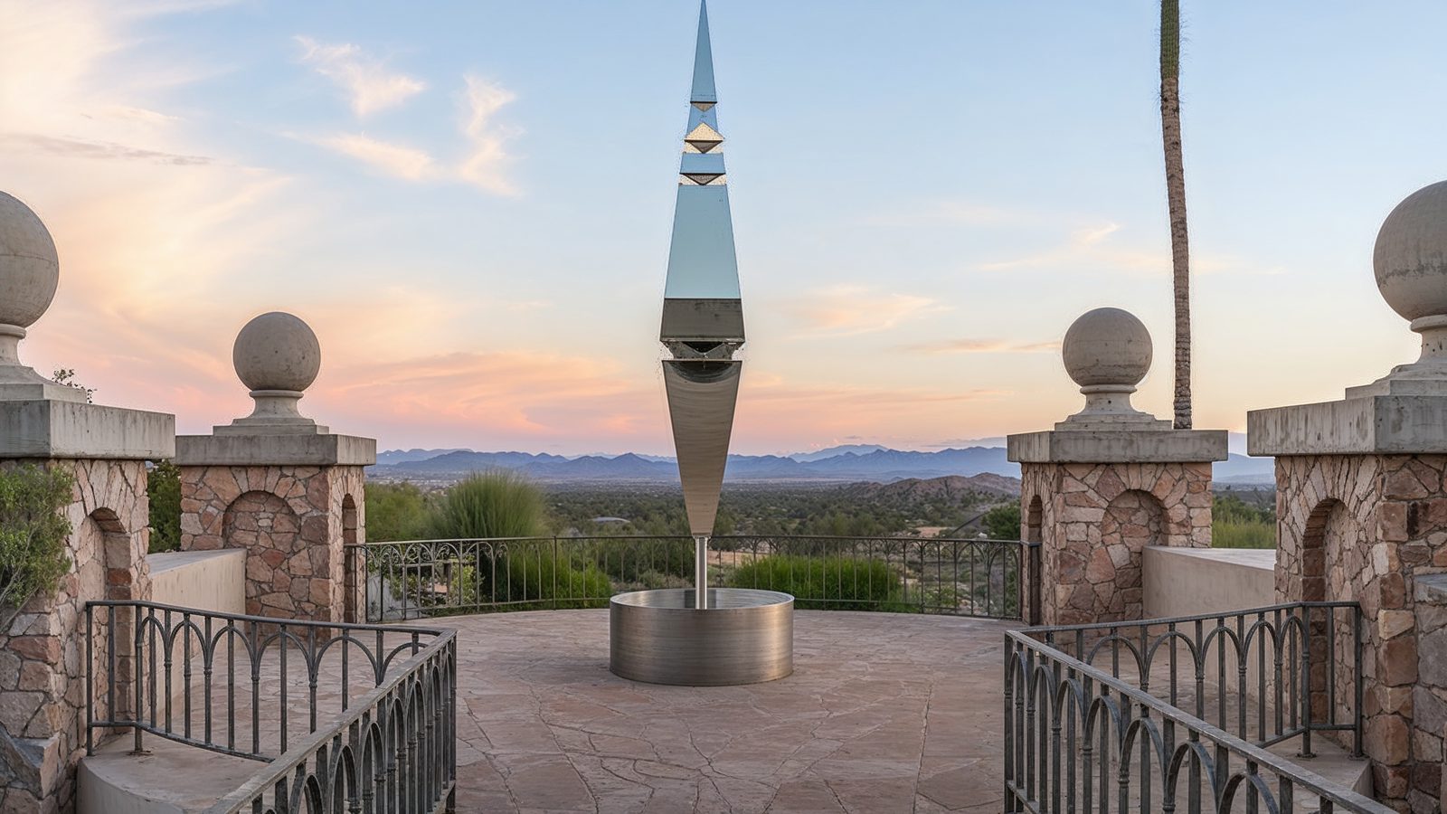 scenic terrace with obelisk sculpture at walker mccune mansion