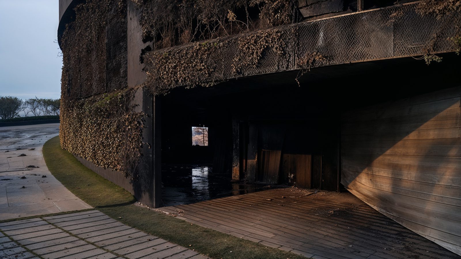 05 scorched driveway and charred garage of los angeles estate