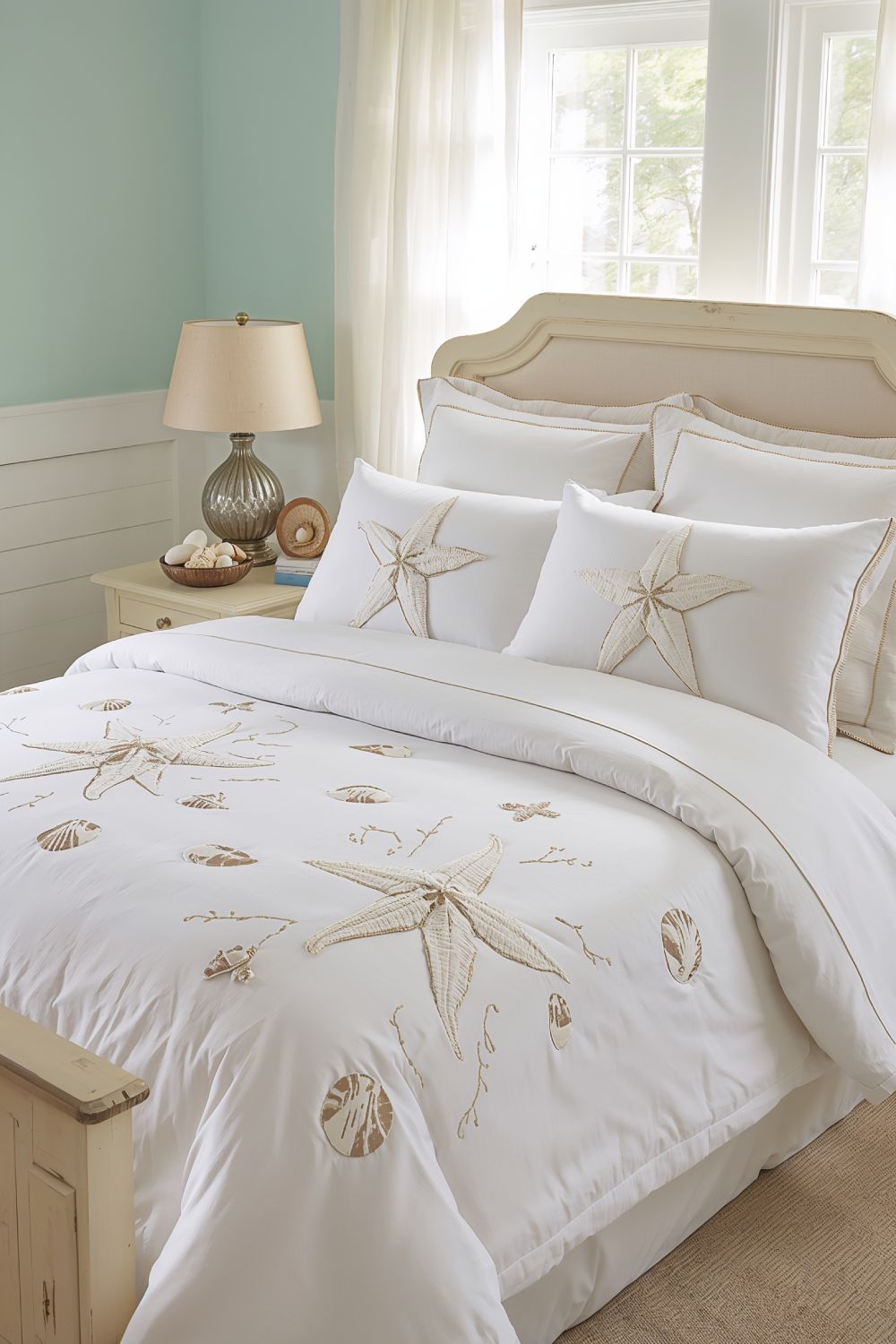 Seashell And Starfish Embroidered Coastal Bedding Set