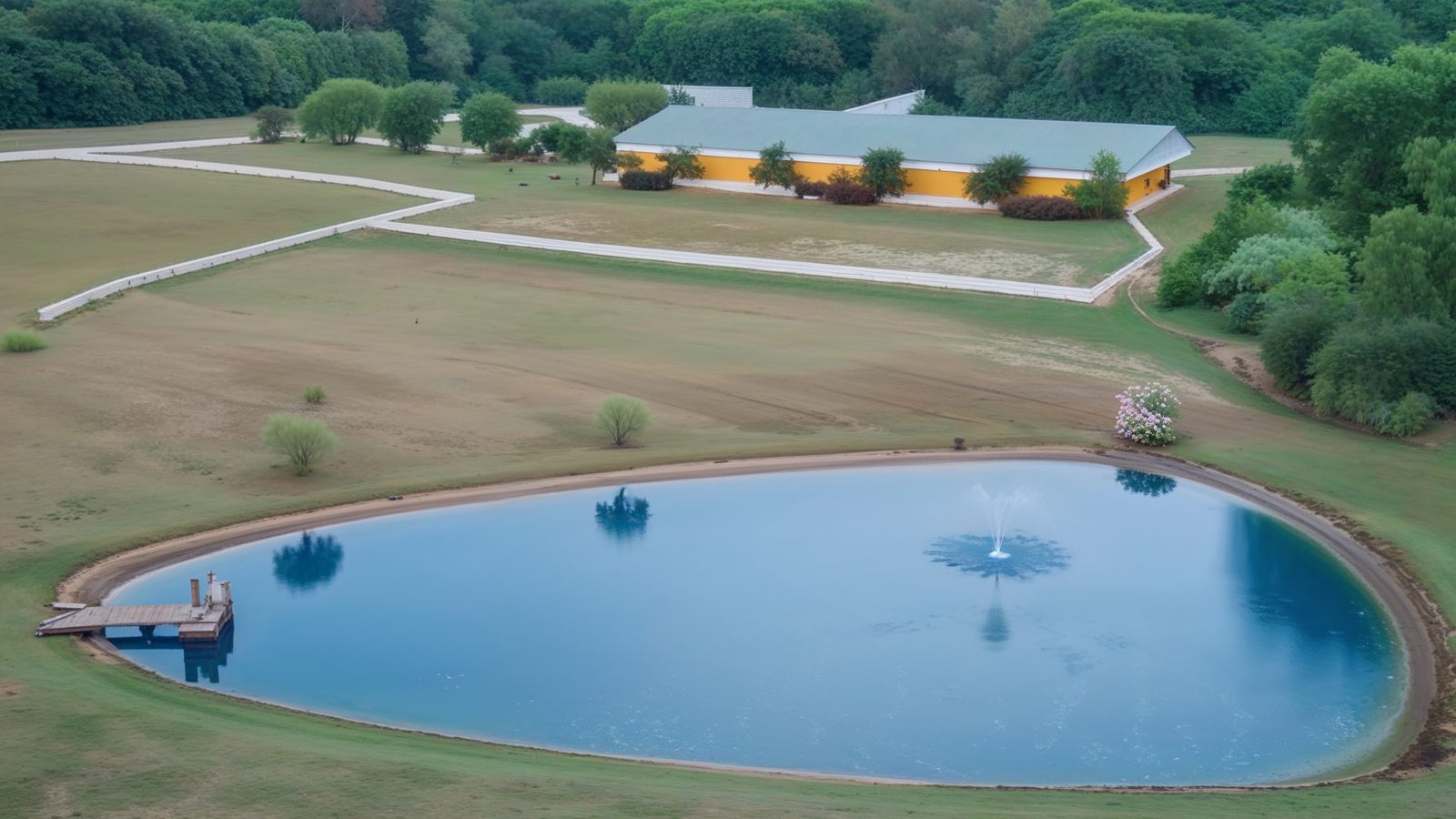 serene pond with fountain and dock on the property