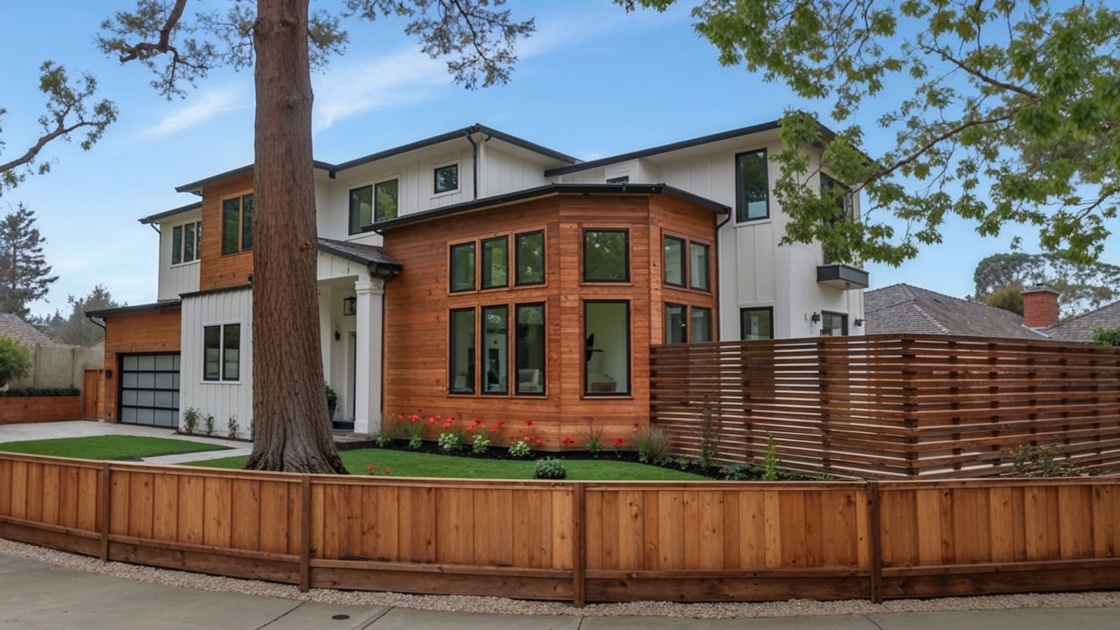 side view of modern farmhouse with lush landscaping