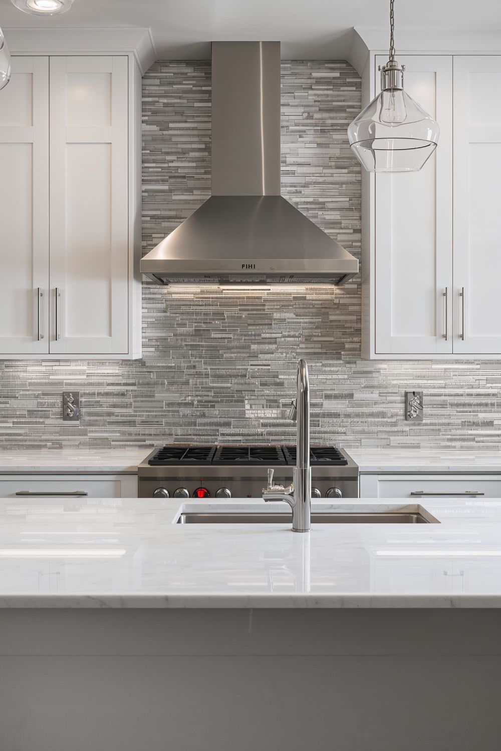 Silver Metallic Glass Tile Backsplash For Modern White Kitchen