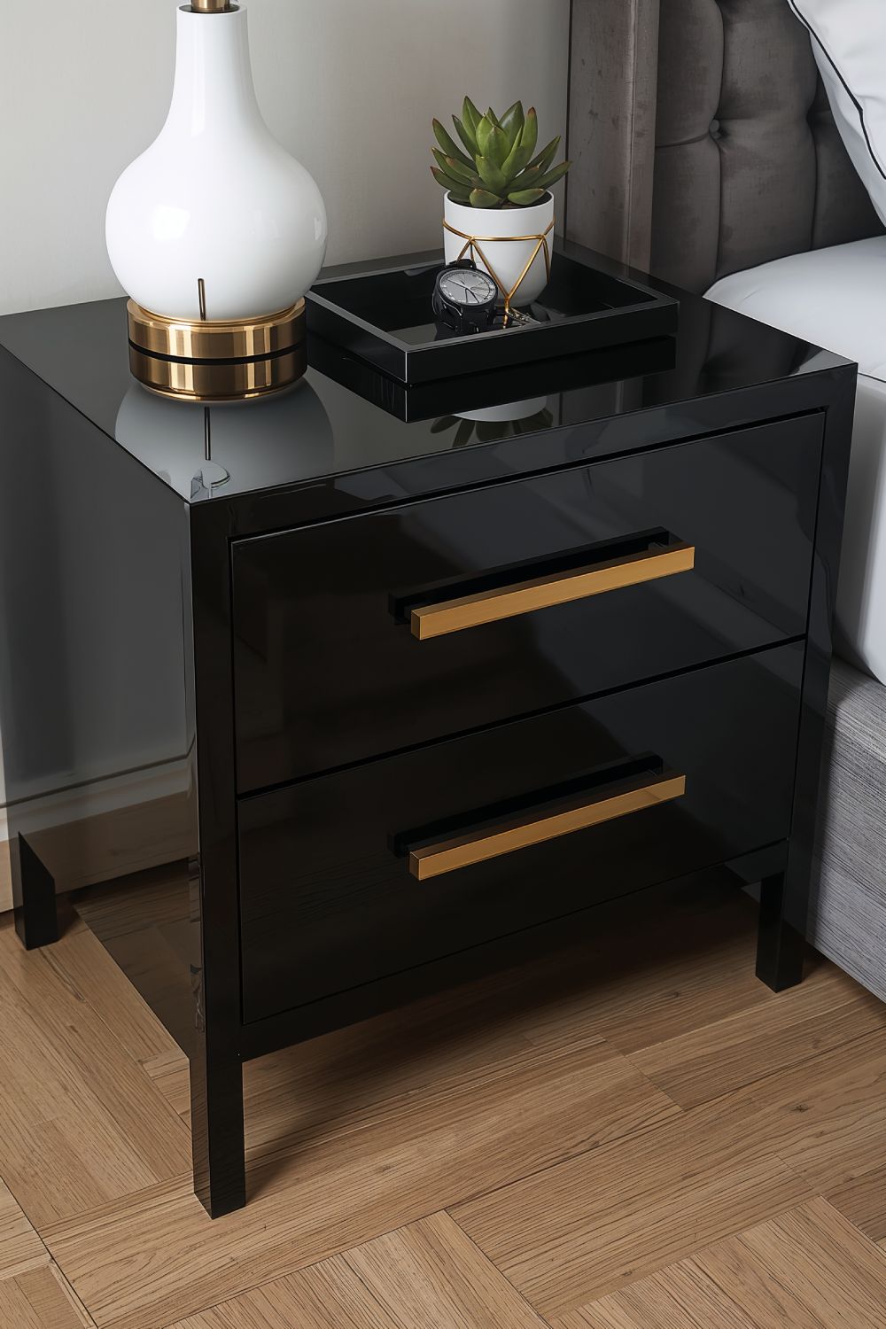 Sleek Black Lacquered Nightstand With Gold Hardware