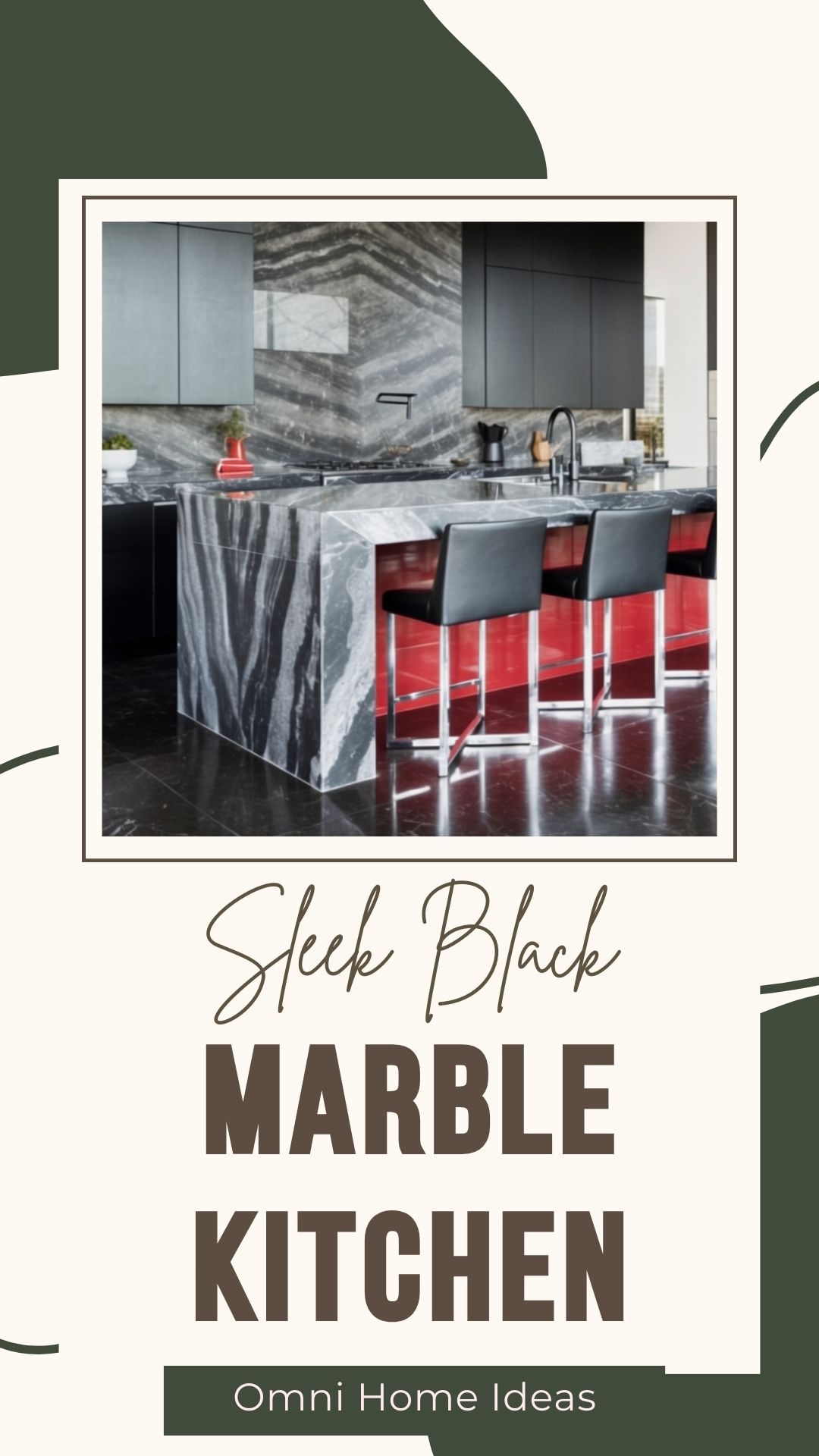 sleek black marble kitchen with bold red accents