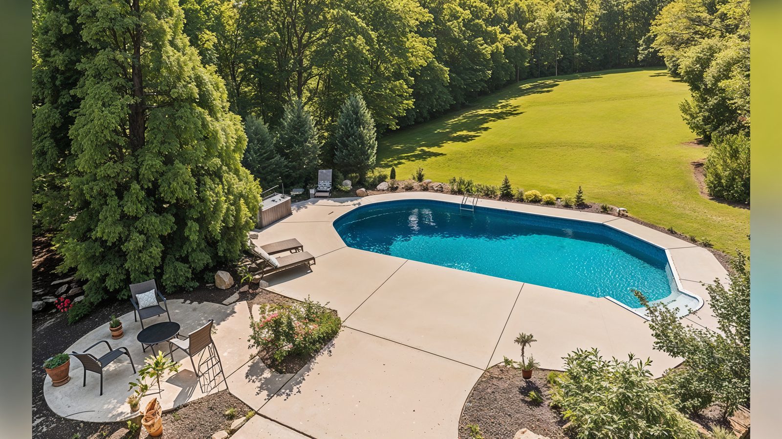 sparkling pool amidst lush greenery