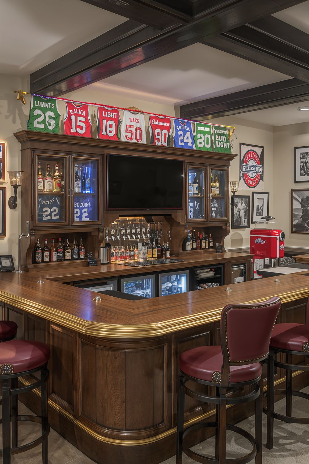 Sports Themed Man Cave Pub Bar With Framed Jerseys