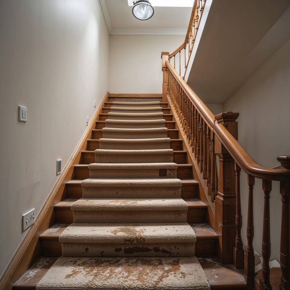 Staircase before makeover - dated carpet and plain walls