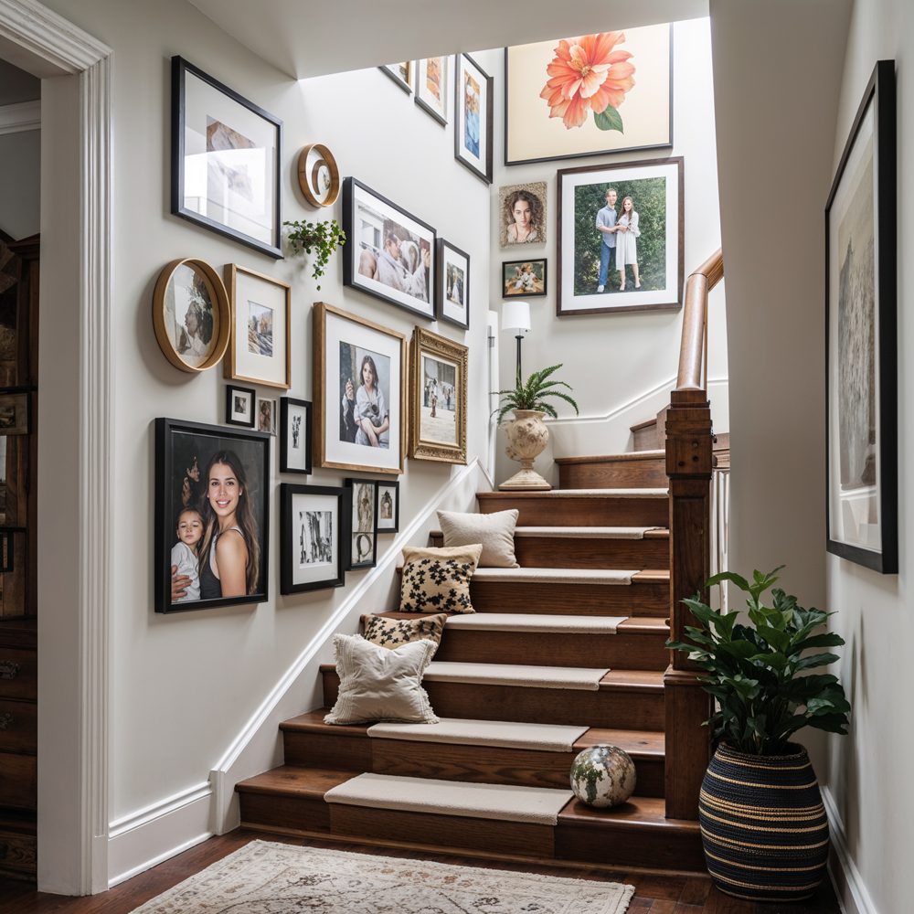 Gallery wall arrangement along staircase with family photos