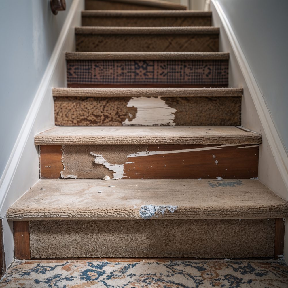 Stair risers before - worn carpet and dated look